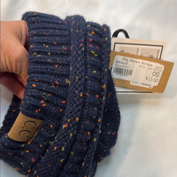 C.C Exclusives, Adult Navy Beanie with Multicolor Speckles, hole for bun, NWT - Picture 6 of 9